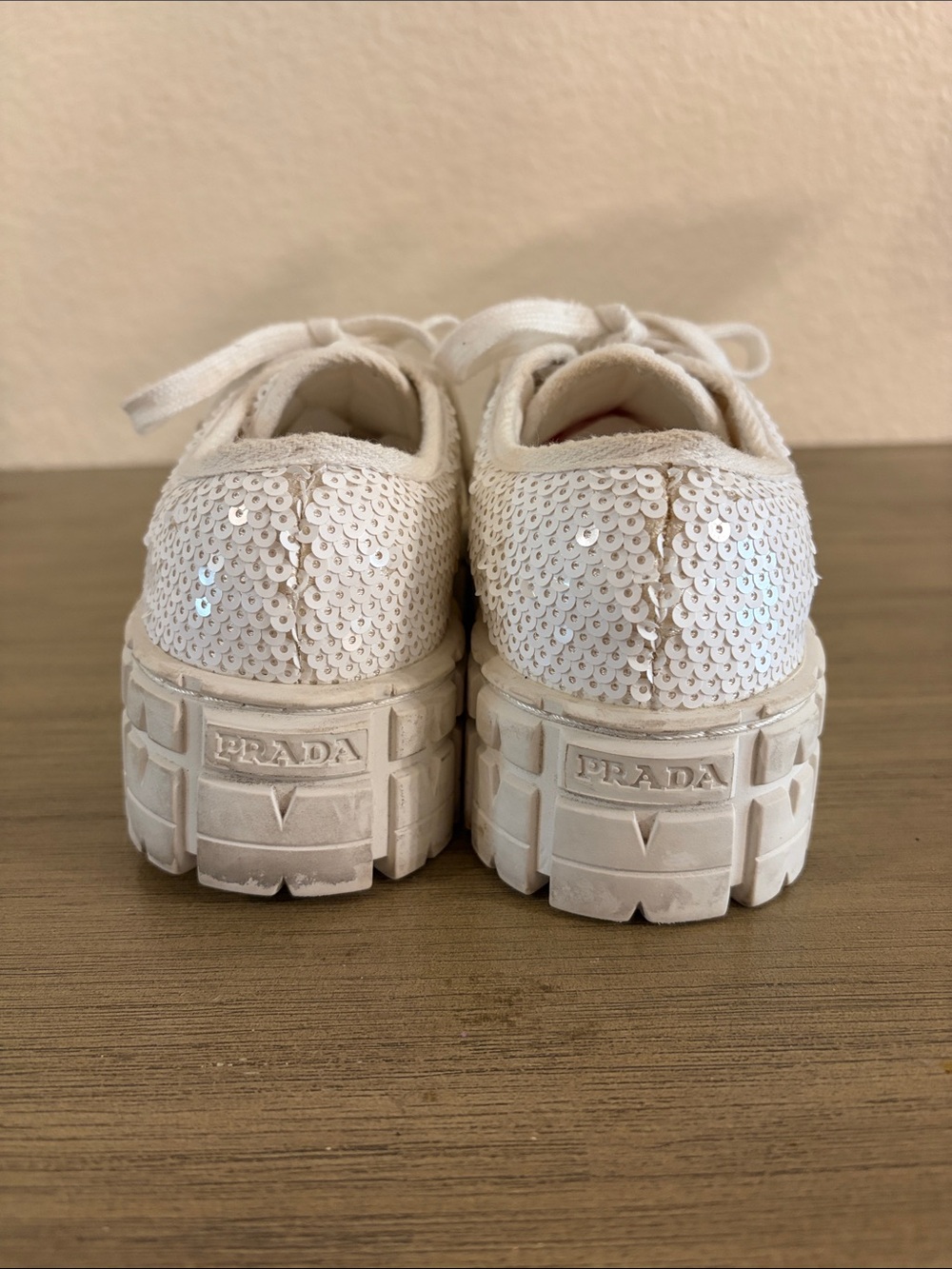 Prada White Sequins Double Wheel Platform Sneakers - Picture 8 of 11